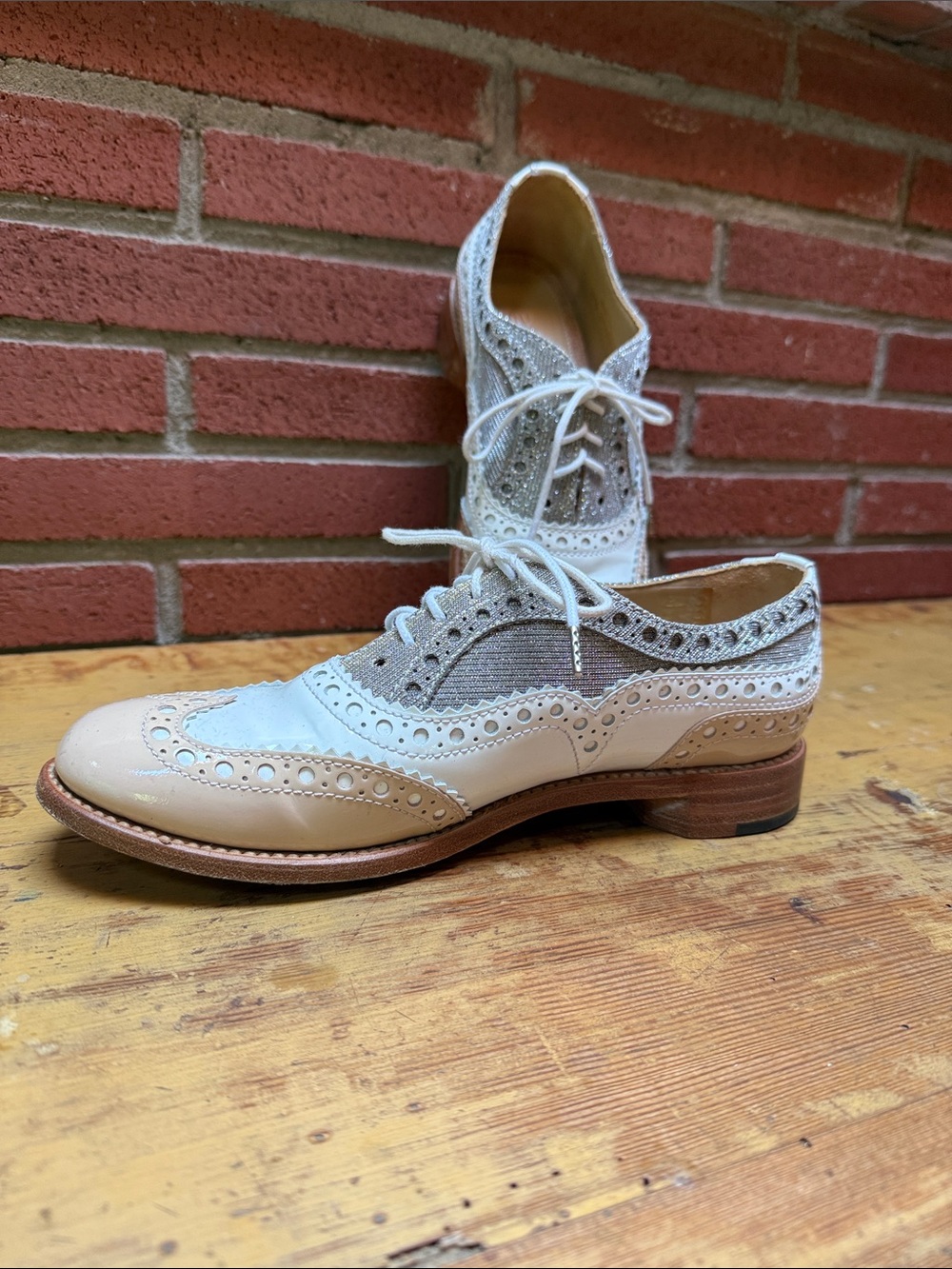 Women's Two-Tone Brogue Wingtip Oxfords - White and Beige